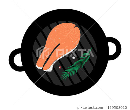 Red Fish Steak with spices and Rosemary Twig on Cast iron Grill Pan Healthy Eating Food Cards Design 129508010