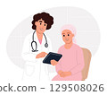 Breast cancer awareness month. Female doctor is talking to a woman with cancer in a scarf. Doctor in a white lab coat shows a patient, wearing a headscarf, information on a tablet, conveying support 129508026