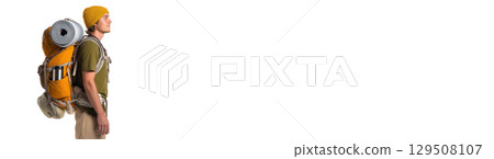 Hiker with beanie and backpack, created with AI, PNG 129508107