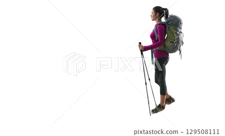 Woman hiking with trekking poles and backpack, created with AI, PNG 129508111
