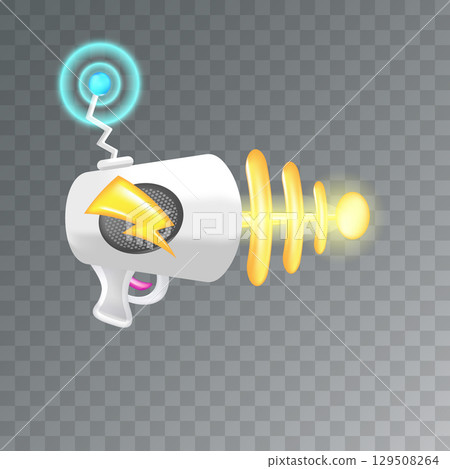 Cartoon super space energy blaster isolated on transparent background. Retro game label or icon with vintage space laser pistol gun. Tesla electric coil gun 129508264