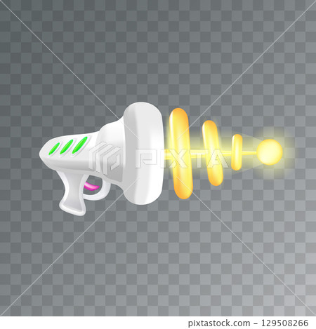 Cartoon super space energy blaster isolated on transparent background. Retro game label or icon with vintage space laser pistol gun. Tesla electric coil gun 129508266