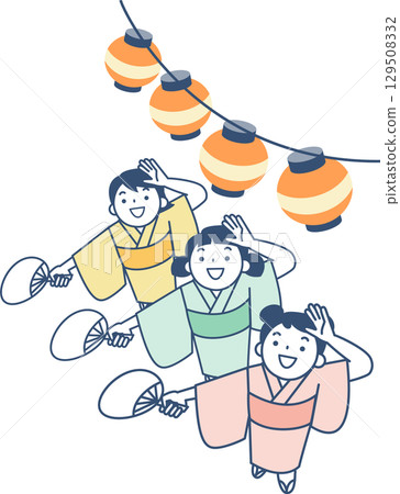 身著浴衣的女孩在盂蘭盆舞節上跳舞 129508332