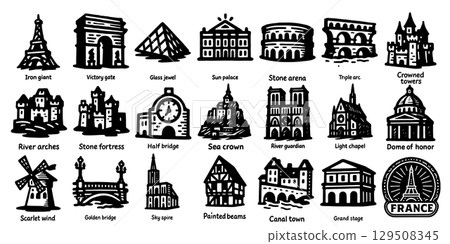Tourist attraction illustration material: French cityscapes and historical architecture 129508345