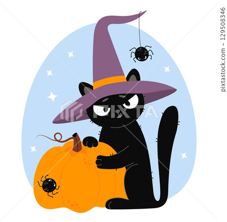 Cute Black Cat Halloween In Witch Hat With spider and Orange Pumpkin. Autumn holiday Funny Pet character. Vector illustration. Not AI Cute Black Cat Halloween In Witch Hat With spider and Orange Pumpkin. Autumn holiday Funny Pet character. Vector illustration. Not AI 129508346