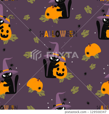 Halloween Seamless pattern. Cute Black Cat in Witch Hat With spider and Pumpkin jack o lantern on purple background. Vector illustration for festive design, packaging, wallpaper, textile. Not AI. 129508347