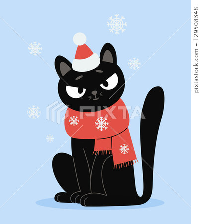 Cute Winter Black Cat in Red Scarf and Hat Under Snowflakes. Funny Pet character. Vector illustration. Not AI Cute Winter Black Cat in Red Scarf and Hat Under Snowflakes. Funny Pet character. Vector illustration. Not AI 129508348