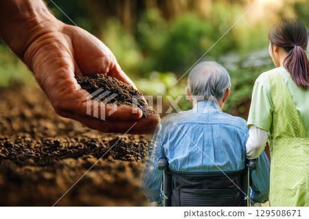 A dwindling rural workforce, elderly farmers in wheelchairs holding soil, and the crisis of agricultural sustainability 129508671