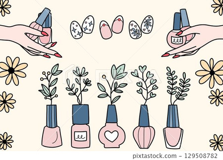 Nail polish postcard yellow background Nail polish postcard yellow background 129508782