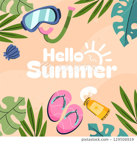 Hello Summer Flat composition with Beach Elements 129508919