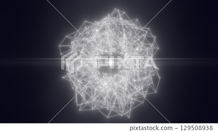 Dark abstract sphere made of glowing white nodes and geometric lines, resembling a minimalist digital data structure Dark abstract sphere made of glowing white nodes and geometric lines, resembling a minimalist digital data structure 129508938