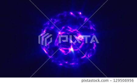Electric purple energy sphere with glowing textures and dynamic light bursts in dark space 129508956