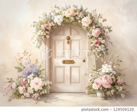 A stylish door decorated with flowers 129509120