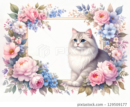 Botanical flowers and fluffy cute cat 129509177