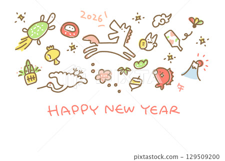Cute hand-drawn New Year's card template 2026 featuring horses and lucky New Year's charms - Mt. Fuji, crane and turtle Cute hand-drawn New Year's card template 2026 featuring horses and lucky New Year's charms - Mt. Fuji, crane and turtle 129509200