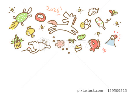可愛的手繪新年賀卡插圖，上面有白馬和新年吉祥物：2026 年、富士山、鶴和烏龜 129509213
