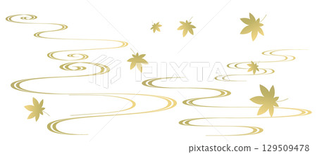 Golden flowing water ripples and autumn leaves frame illustration, Japanese style, ripples, auspicious pattern Golden flowing water ripples and autumn leaves frame illustration, Japanese style, ripples, auspicious pattern 129509478
