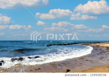 Waves on the shore of the Blue Sea and a sandy beach with blue clouds on a sunny summer day. 129509536