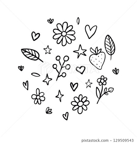 Hand-Drawn Doodle Elements Featuring Flowers, Hearts, and Leaves 129509543