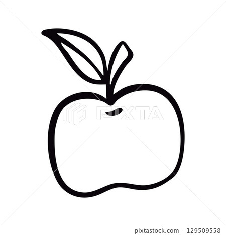 Simple Outline Drawing of an Apple with Two Leaves in Black and White 129509558