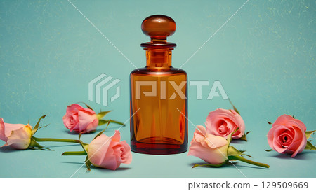 Amber Perfume Bottle with Pink Flowers on Aqua Background in vintage film look, faded tones, film grain texture, nostalgic romantic atmosphere 129509669