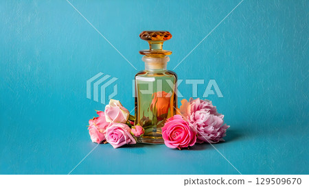 Amber Perfume Bottle with Pink Flowers on Aqua Background in vintage film look, faded tones, film grain texture, nostalgic romantic atmosphere Amber Perfume Bottle with Pink Flowers on Aqua Background in vintage film look, faded tones, film grain texture, nostalgic romantic atmosphere 129509670