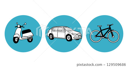 Simple vehicle illustrations: car, bicycle, motorcycle 129509686
