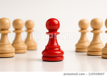 Glossy Red Pawn, single glossy red pawn centered between two rows of light wood pawns on white background with bright lighting 129509697