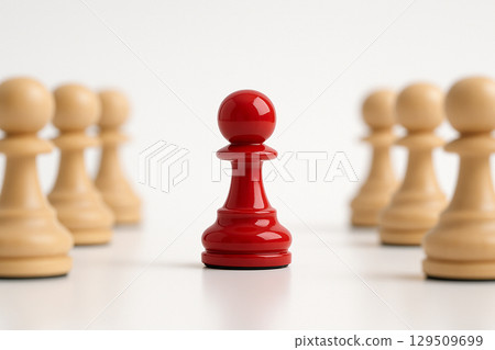 Glossy Red Pawn, single glossy red pawn before rows of light wood pawns on seamless white backdrop symbolizing individuality 129509699