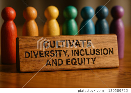 CULTIVATE DIVERSITY, INCLUSION AND EQUITY, Multicolored wooden peg figurines side-by-side behind a dark wooden banner promoting inclusion and equity 129509723
