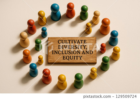 Wooden peg figurines in multiple colors arranged around a wooden banner in scattered form to emphasize diversity, inclusion, and equity 129509724