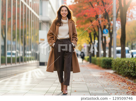 一位身穿長外套、長髮女子微笑著看著鏡頭（秋裝） 129509746