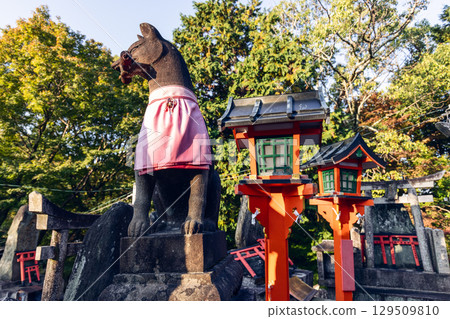 Sacred fox guardian overlooks stone altars and red lanterns near the summit of Mount Inari in Kyoto Sacred fox guardian overlooks stone altars and red lanterns near the summit of Mount Inari in Kyoto 129509810