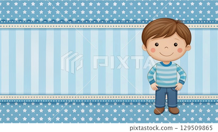 Baby boy shower card. Invitation template with cute toys, place for your text. Labels with letters and kids illustration. 129509865