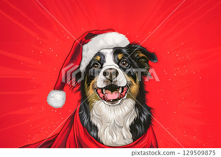 Cute dog in a red cloak with Santa hat  129509875