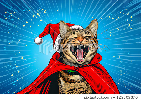 Happy cat in a red cloak with Santa hat 129509876