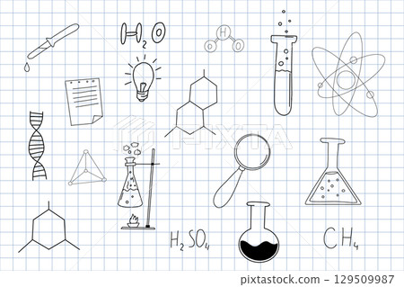 Chemistry research hand drawn sketch doodle line icons. Flasks and tubes back to school elements. Education science lab drawing. 129509987