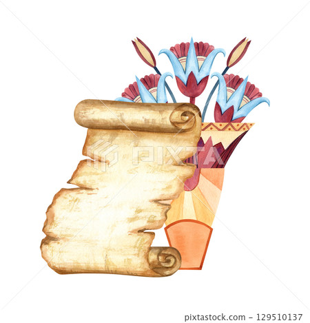 Egyptian papyrus scroll, sacred lotus ancient vase. Old paper sheet. Watercolor illustration isolated from background. Hand drawn empty template for postcard, for text on national holidays, souvenirs 129510137
