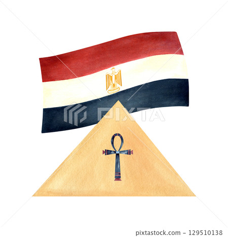 Egyptian ancient national symbols. Abstract pyramid with Ankh, flag of Egypt. Watercolor illustration isolated from background. Hand drawn composition for postcard on state holidays and souvenirs Egyptian ancient national symbols. Abstract pyramid with Ankh, flag of Egypt. Watercolor illustration isolated from background. Hand drawn composition for postcard on state holidays and souvenirs 129510138