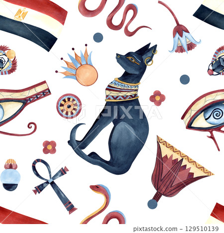 Egyptian symbols seamless pattern, icons, ancient ornaments. Bastet, Scarab beetle, Eye of Horus, flag of Egypt, Ankh, sacred abstract lotus. Watercolor illustration isolated from background Egyptian symbols seamless pattern, icons, ancient ornaments. Bastet, Scarab beetle, Eye of Horus, flag of Egypt, Ankh, sacred abstract lotus. Watercolor illustration isolated from background 129510139