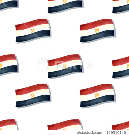 Flag of Egypt seamless pattern. Tricolor banner with Egyptian symbol of gold eagle. Hand drawn watercolor illustration isolated from background. For souvenir products, packaging on national holidays Flag of Egypt seamless pattern. Tricolor banner with Egyptian symbol of gold eagle. Hand drawn watercolor illustration isolated from background. For souvenir products, packaging on national holidays 129510140