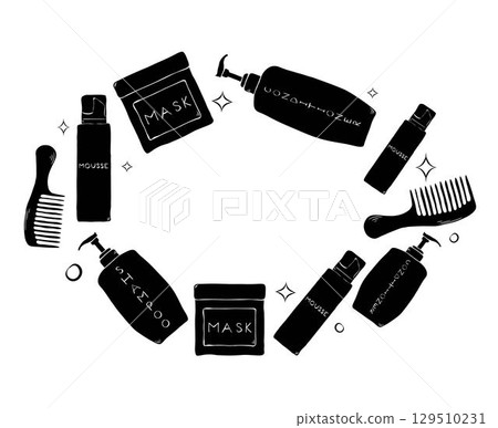 Cosmetics Hair treatment oval frame. Vector graphic line ink template illustration. Place for your text, logo shampoo, mask, comb, mousse. Design for package, cosmetic, textile, cards. Cosmetics Hair treatment oval frame. Vector graphic line ink template illustration. Place for your text, logo shampoo, mask, comb, mousse. Design for package, cosmetic, textile, cards. 129510231