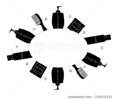 Shampoo, hair conditioner, mask, comb Hair treatment oval frame. Vector graphic line ink template illustration. Place for your text, logo For branding cosmetics, magazines, blogs on body care Shampoo, hair conditioner, mask, comb Hair treatment oval frame. Vector graphic line ink template illustration. Place for your text, logo For branding cosmetics, magazines, blogs on body care 129510232