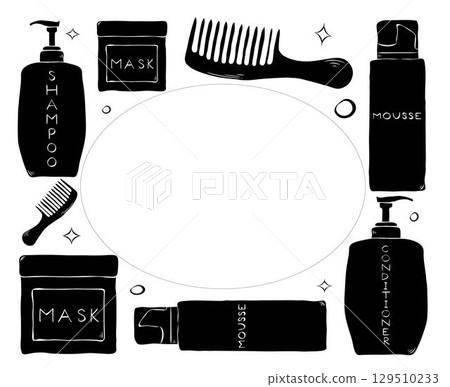Hair treatment rectangle oval frame. Vector graphic line ink template illustration. Place for your text, logo. Comb, shampoo, conditioner, mask bottle. Beauty and fashion concept Hair treatment rectangle oval frame. Vector graphic line ink template illustration. Place for your text, logo. Comb, shampoo, conditioner, mask bottle. Beauty and fashion concept 129510233
