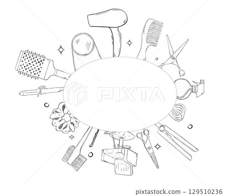 Hair salon items oval frame. Vector graphic line ink template illustration. Place for your text, logo Banner, poster, wrapping paper, sticker, print, modern textile design. Hair salon items oval frame. Vector graphic line ink template illustration. Place for your text, logo Banner, poster, wrapping paper, sticker, print, modern textile design. 129510236