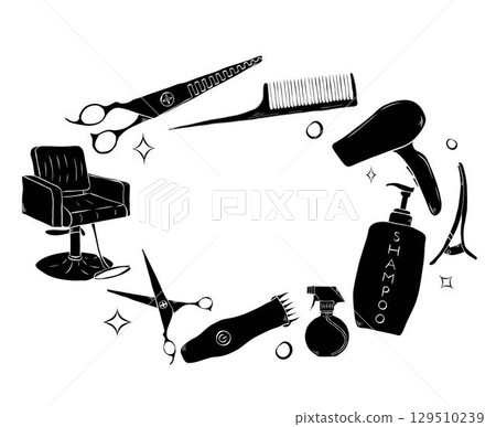 Barbershop tools oval frame. Vector graphic line ink template illustration. Place for your text, logo For poster, invitation, backdrop, ad, sale promotion, print for t-shirt 129510239
