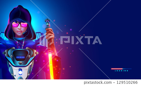 Screenshot of a non existent computer game. Computer video game loading screen with character portrait of a futuristic knight in armor and hood with a laser sword in cyberpunk style. Concept art. Screenshot of a non existent computer game. Computer video game loading screen with character portrait of a futuristic knight in armor and hood with a laser sword in cyberpunk style. Concept art. 129510266