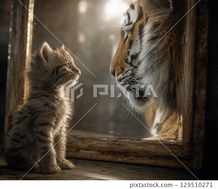 Small kitten curiously gazes at its reflection in a mirror while a tiger watches from the other side in a cozy room 129510271