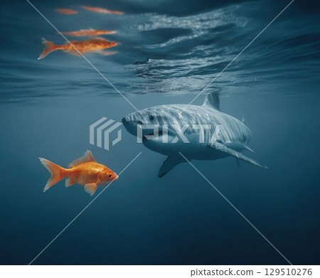Goldfish swims near the surface while shark glides beneath in clear water 129510276
