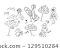 People on beach in summer. Black and white doodle illustration. Contoured, isolated illustration for design on white background. 129510284